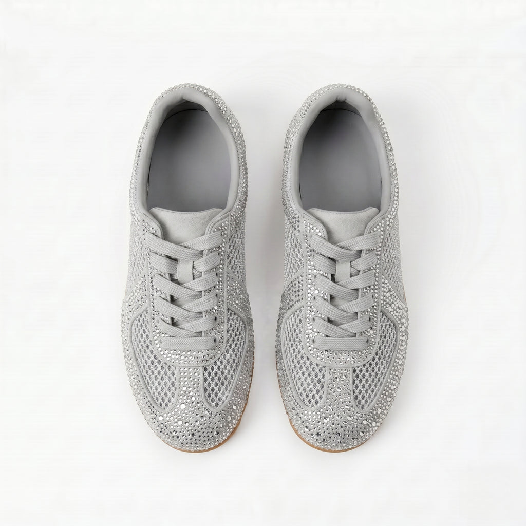 The Dual Stride Grey Sparkling Rhinestone Mesh Sneakers