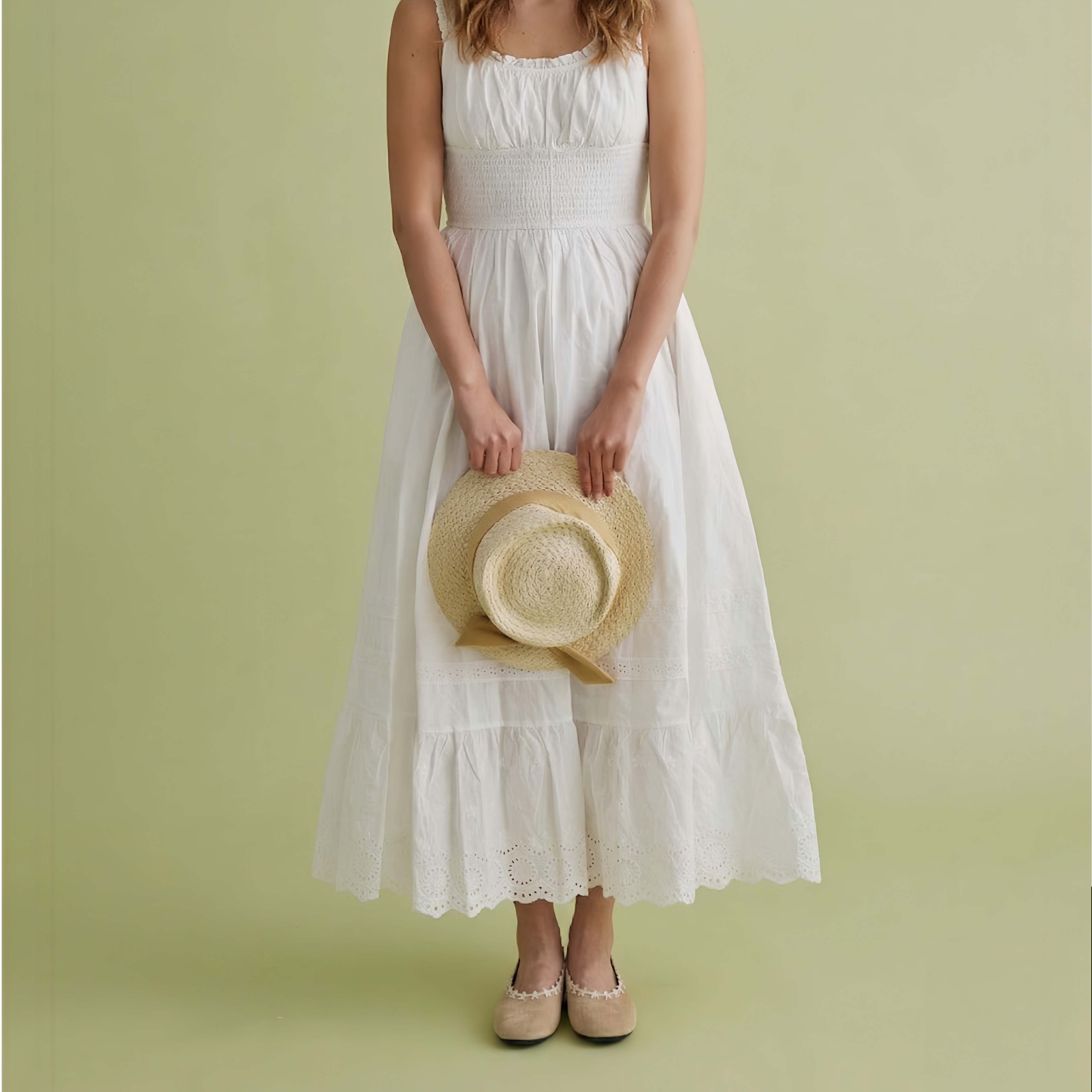 The Dual Stride Beige Floral-Trim Suede Ballet Flats