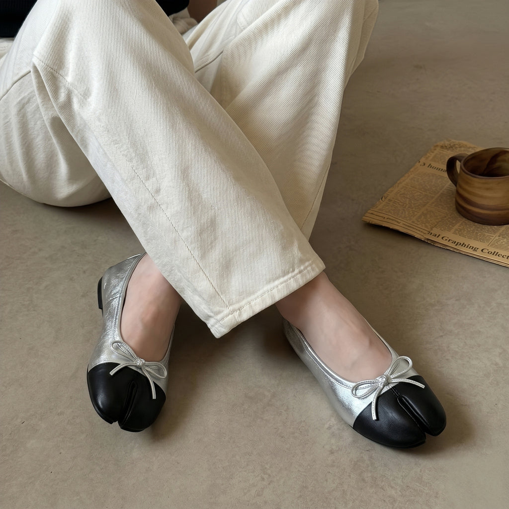 The Dual Stride Soft Silver Lambskin Split-Toe Flats