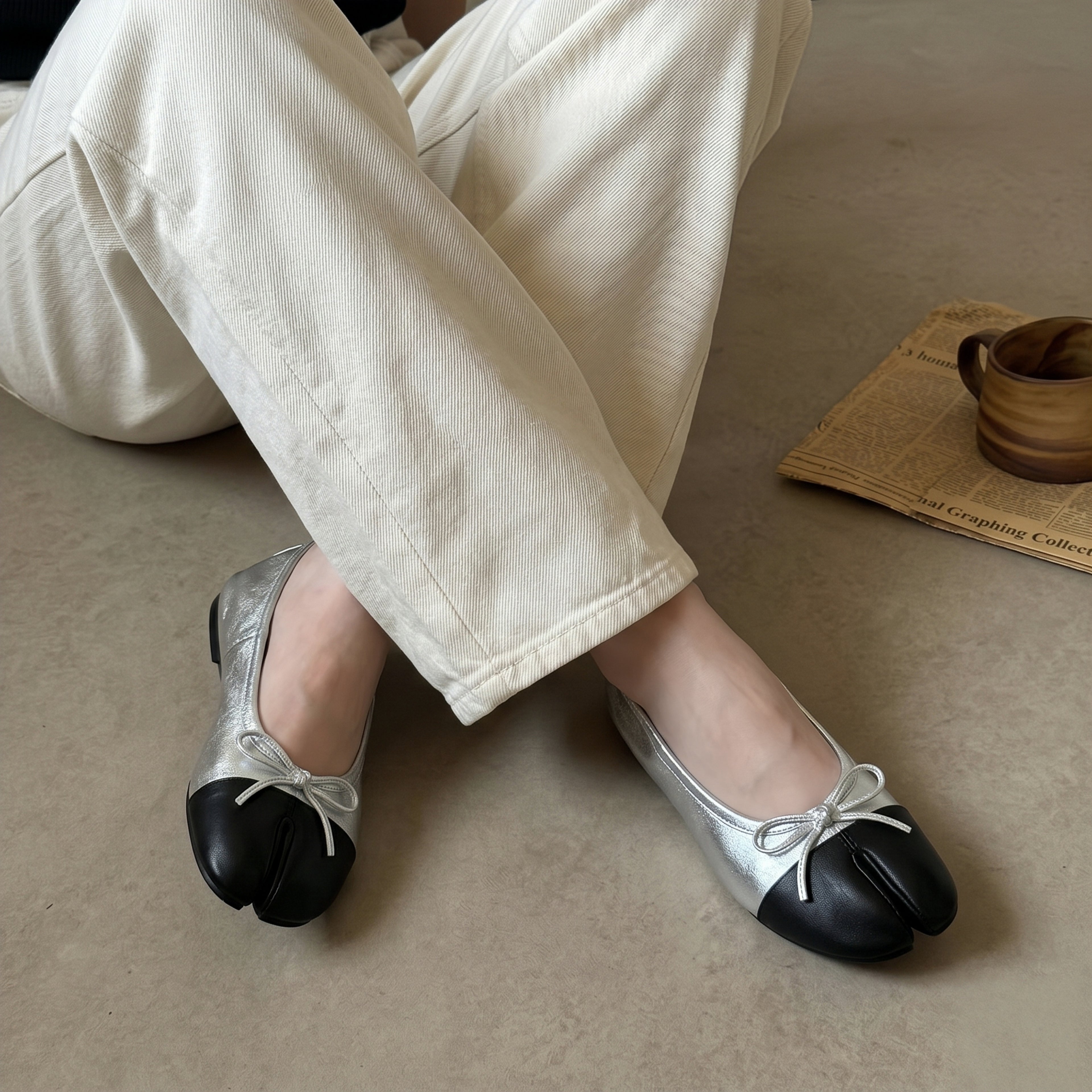 The Dual Stride Soft Silver Lambskin Split-Toe Flats