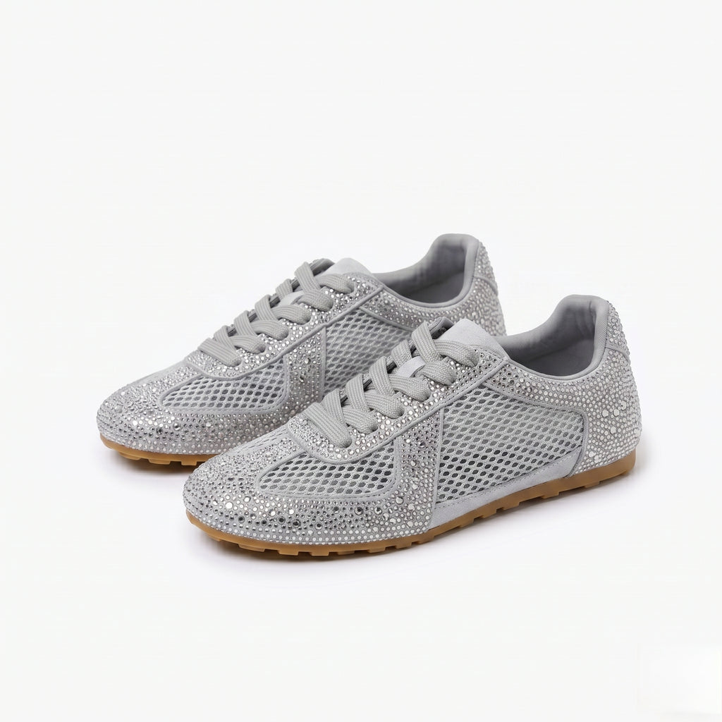 The Dual Stride Grey Sparkling Rhinestone Mesh Sneakers