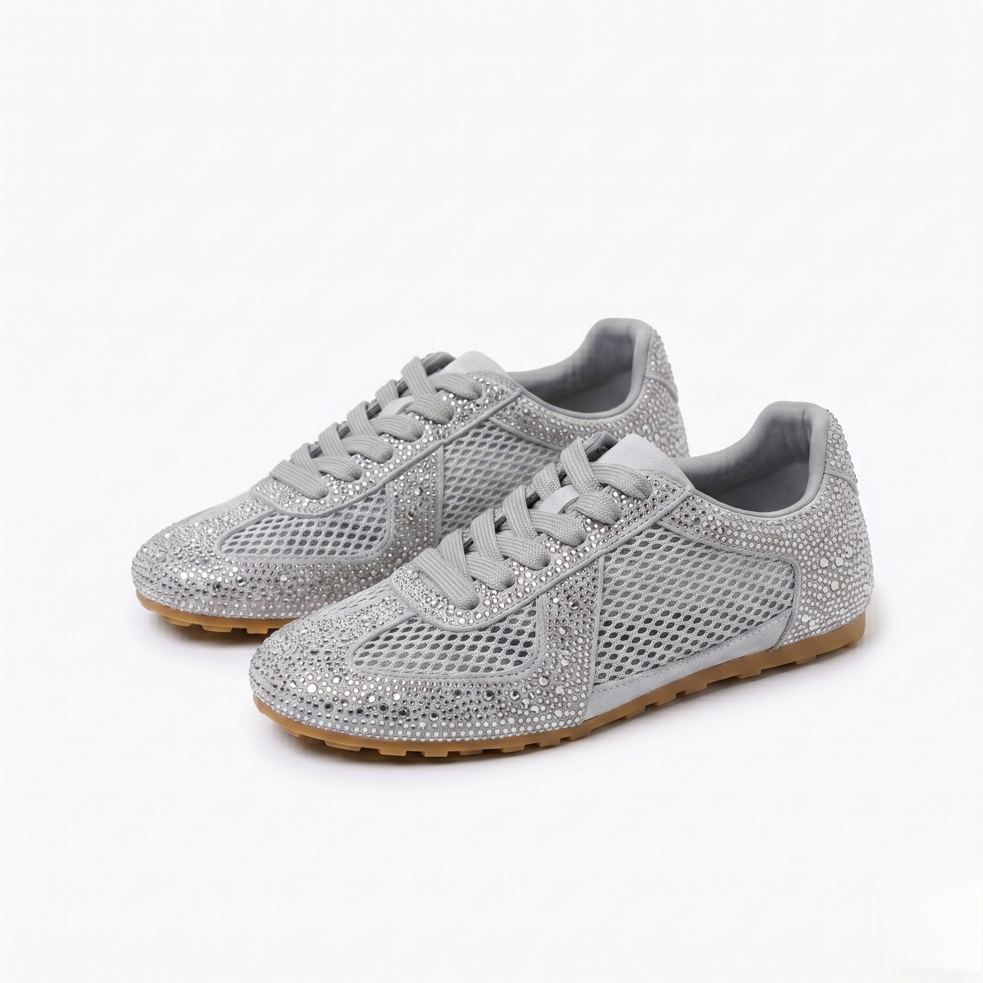 The Dual Stride Grey Sparkling Rhinestone Mesh Sneakers