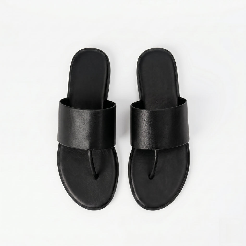 The Dual Stride Black Calfskin Thong Sandals