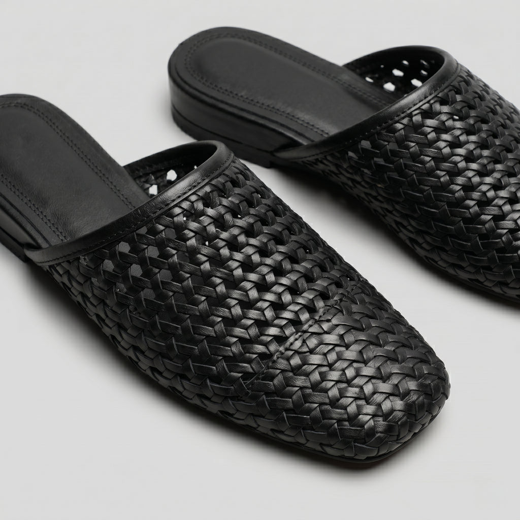 The Dual Stride Black Woven Leather Mules