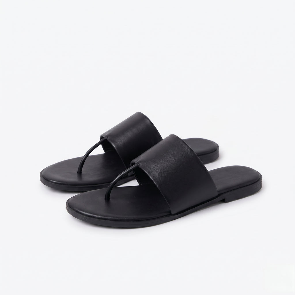 The Dual Stride Black Calfskin Thong Sandals