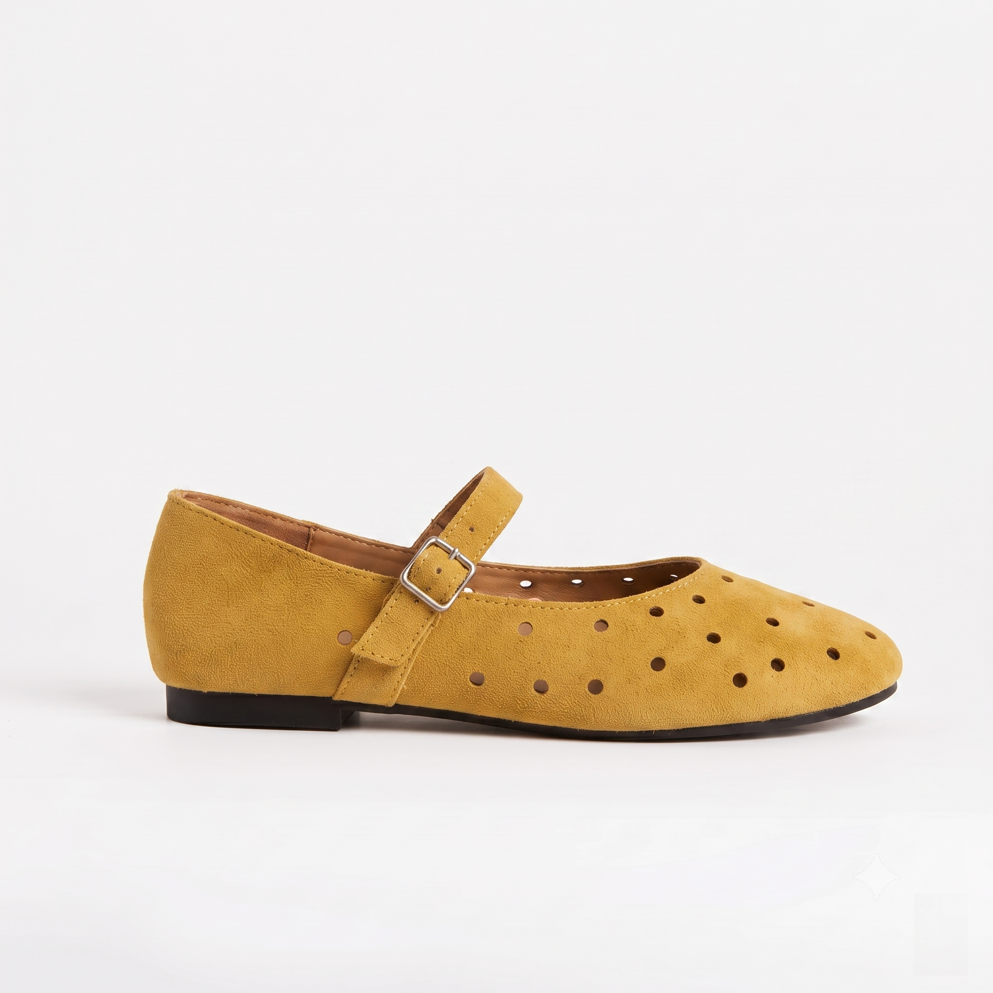 The Dual Stride  Women's Yellow Perforated Suede Mary Jane Flats