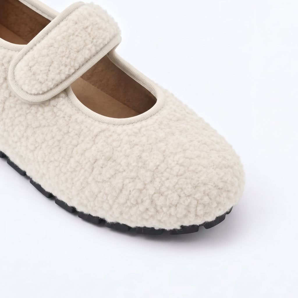 The Dual Stride  White  Cozy Fleece Mary Jane Flats