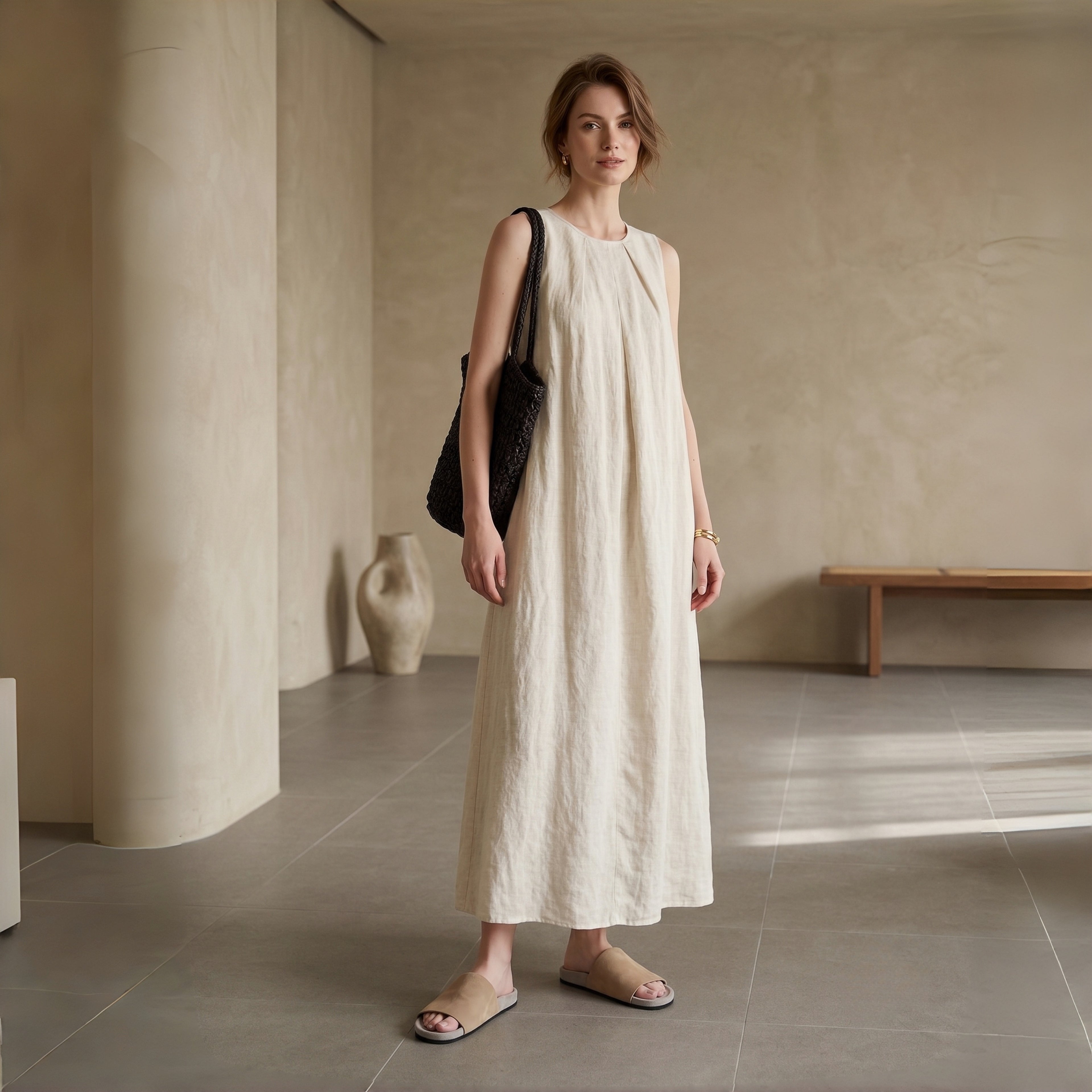 The Dual Stride Beige Minimalist Suede Slide Sandals