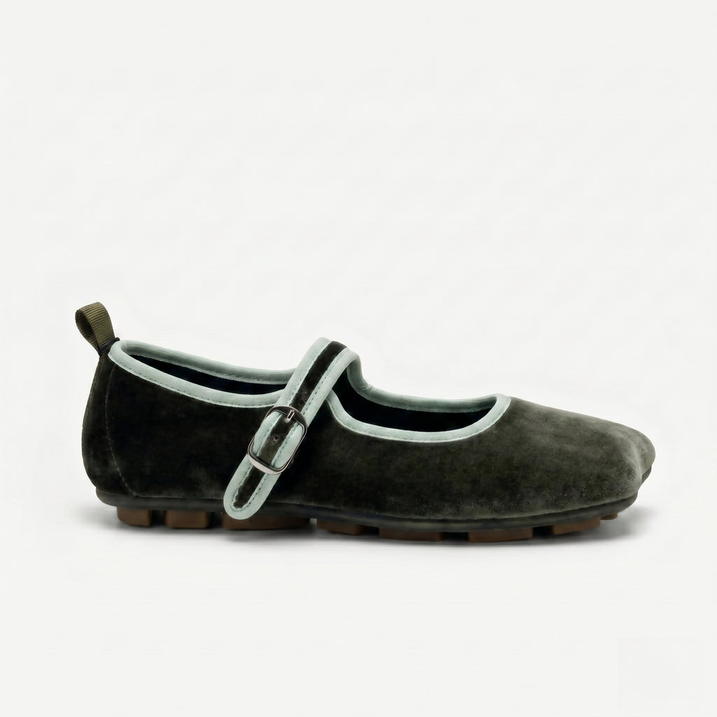 The Dual Stride Green Square-Toe Mary Jane Ballet Flats