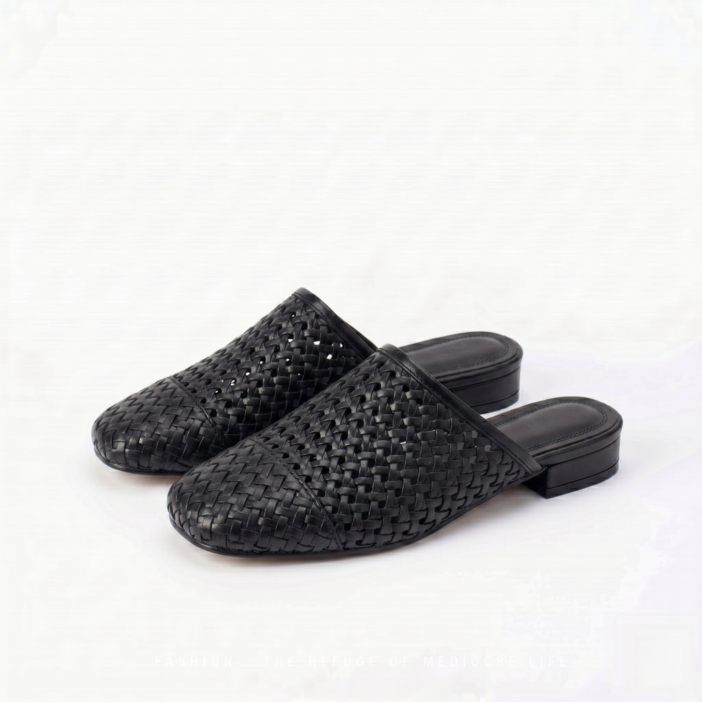 The Dual Stride Black Woven Leather Mules
