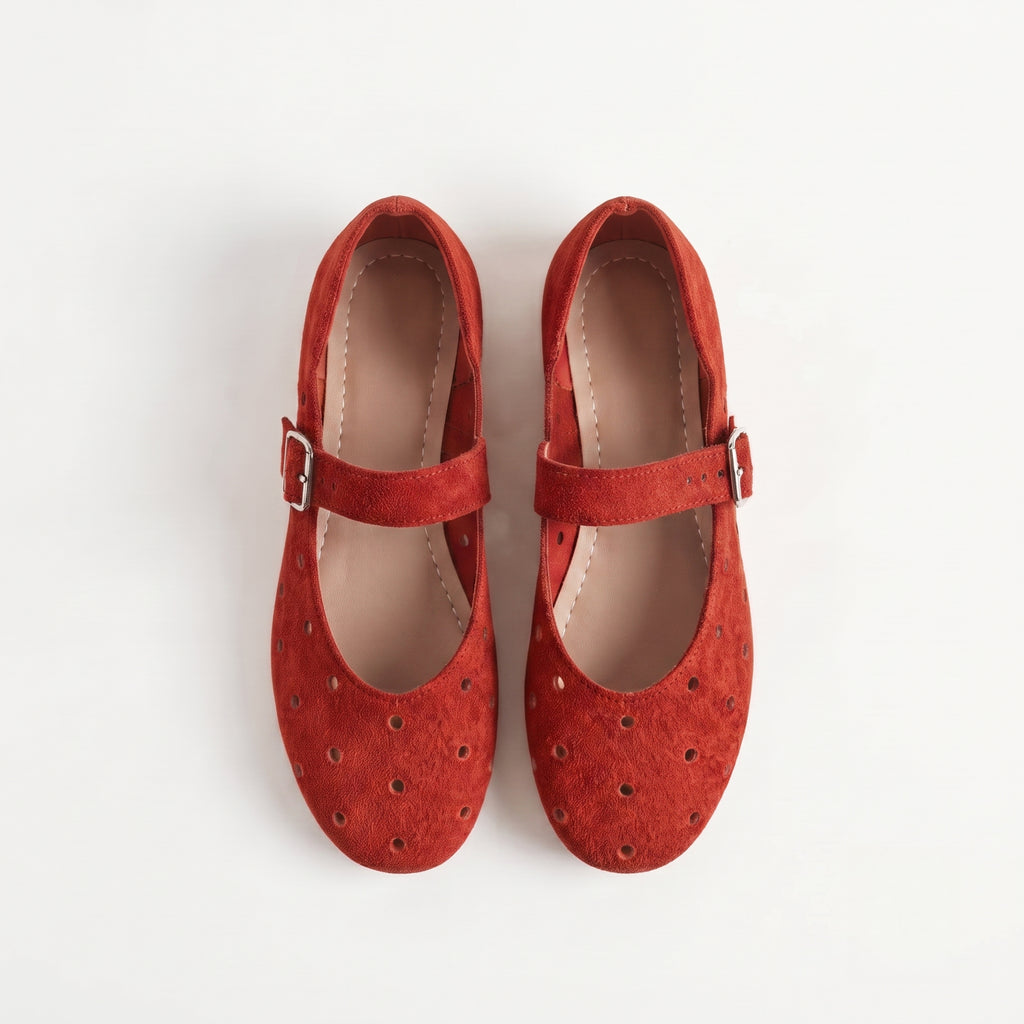 The Dual Stride Women's Red Perforated Suede Mary Jane Flats
