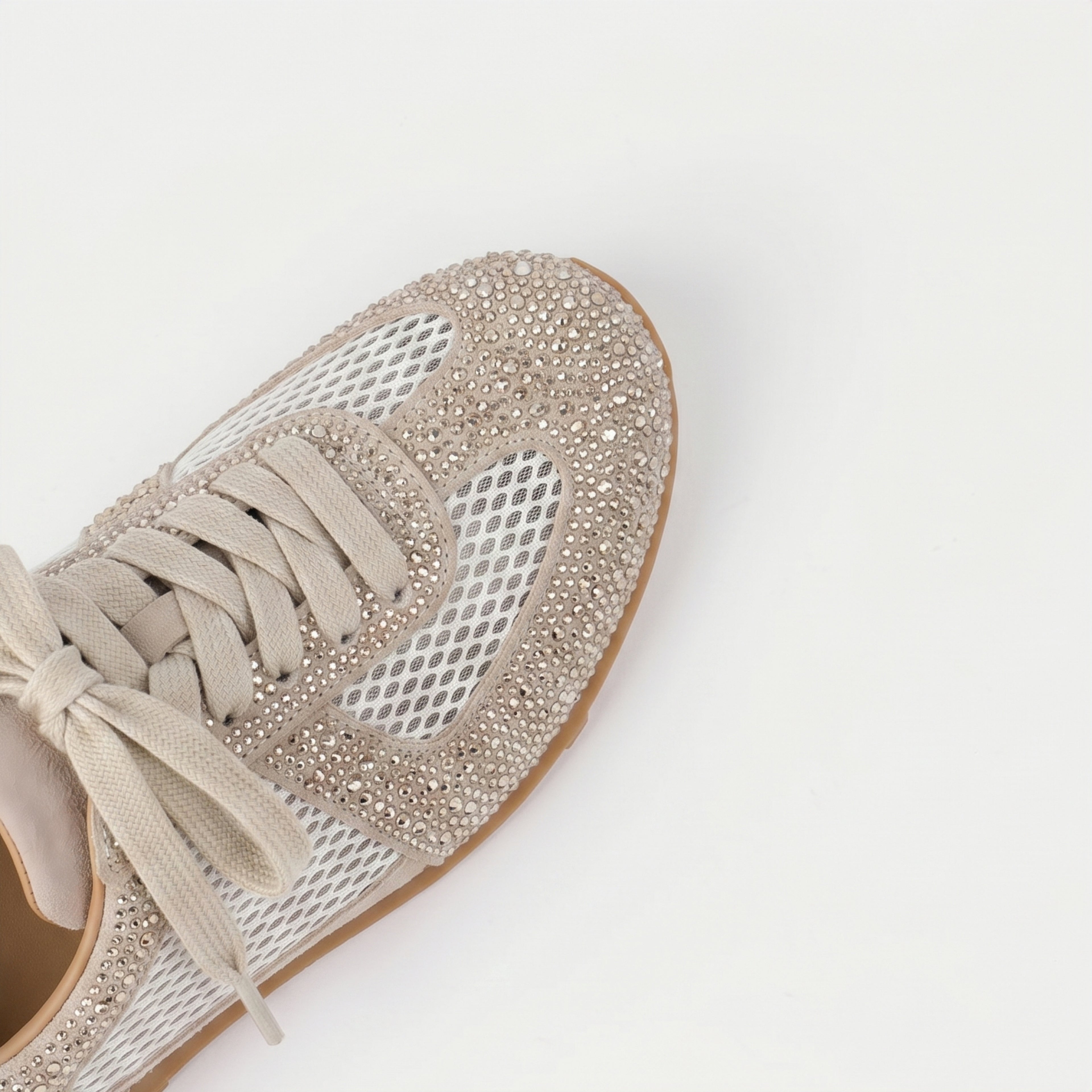 The Dual Stride Beige Sparkling Rhinestone Mesh Sneakers
