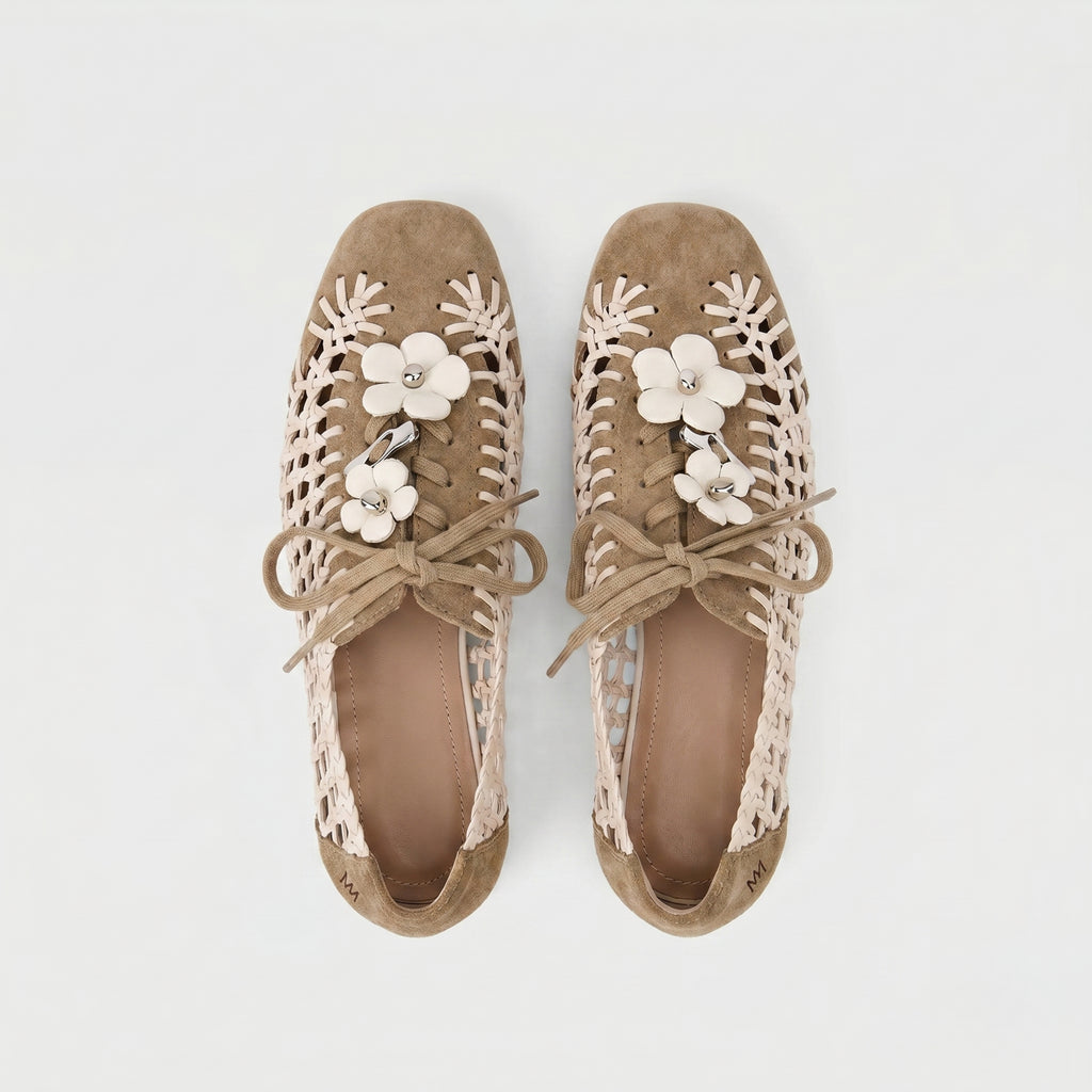 The Dual Stride Khaki Open-Weave Suede Flats
