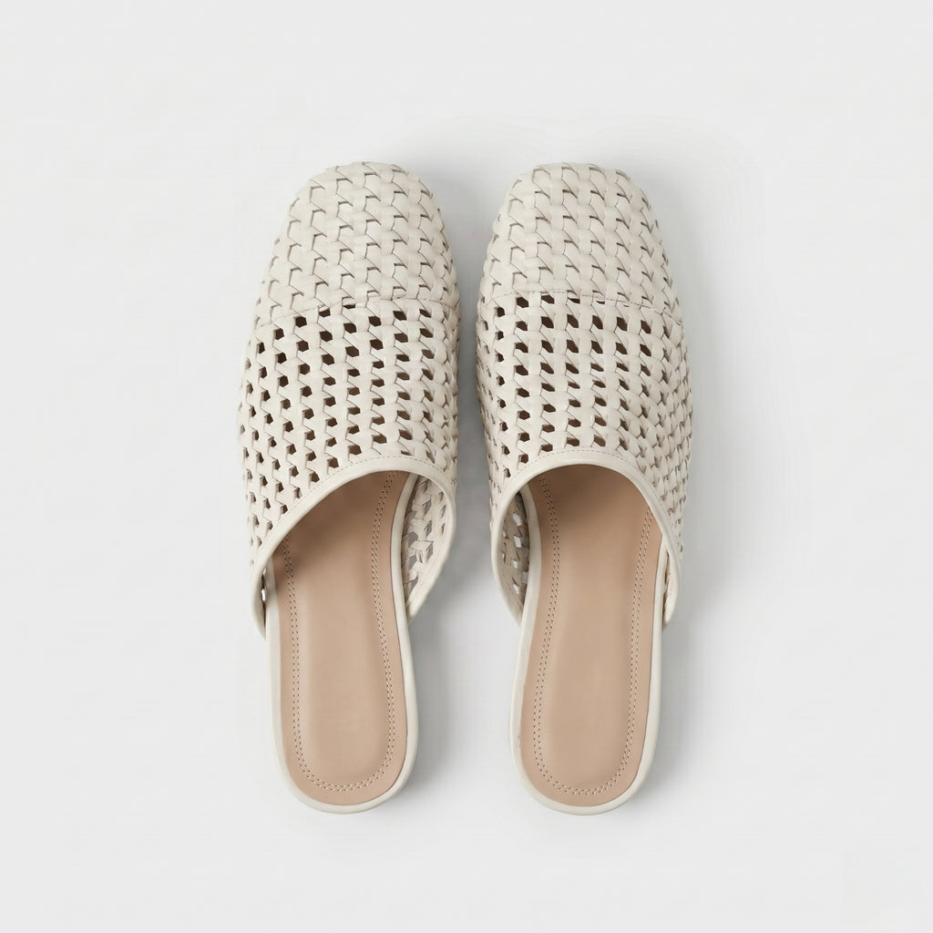 The Dual Stride White  Woven Leather Mules