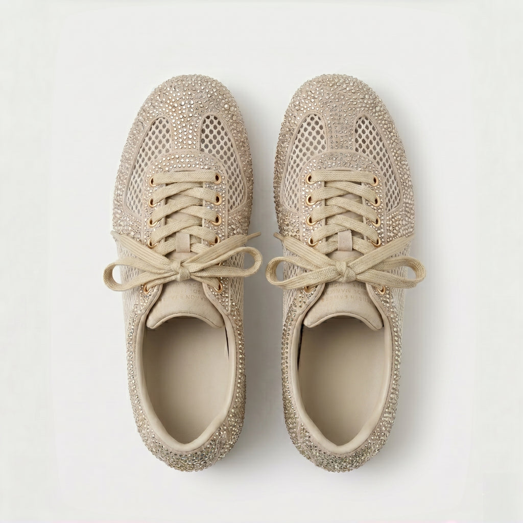 The Dual Stride Beige Sparkling Rhinestone Mesh Sneakers