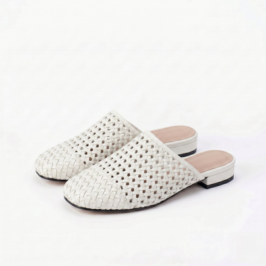 The Dual Stride White  Woven Leather Mules