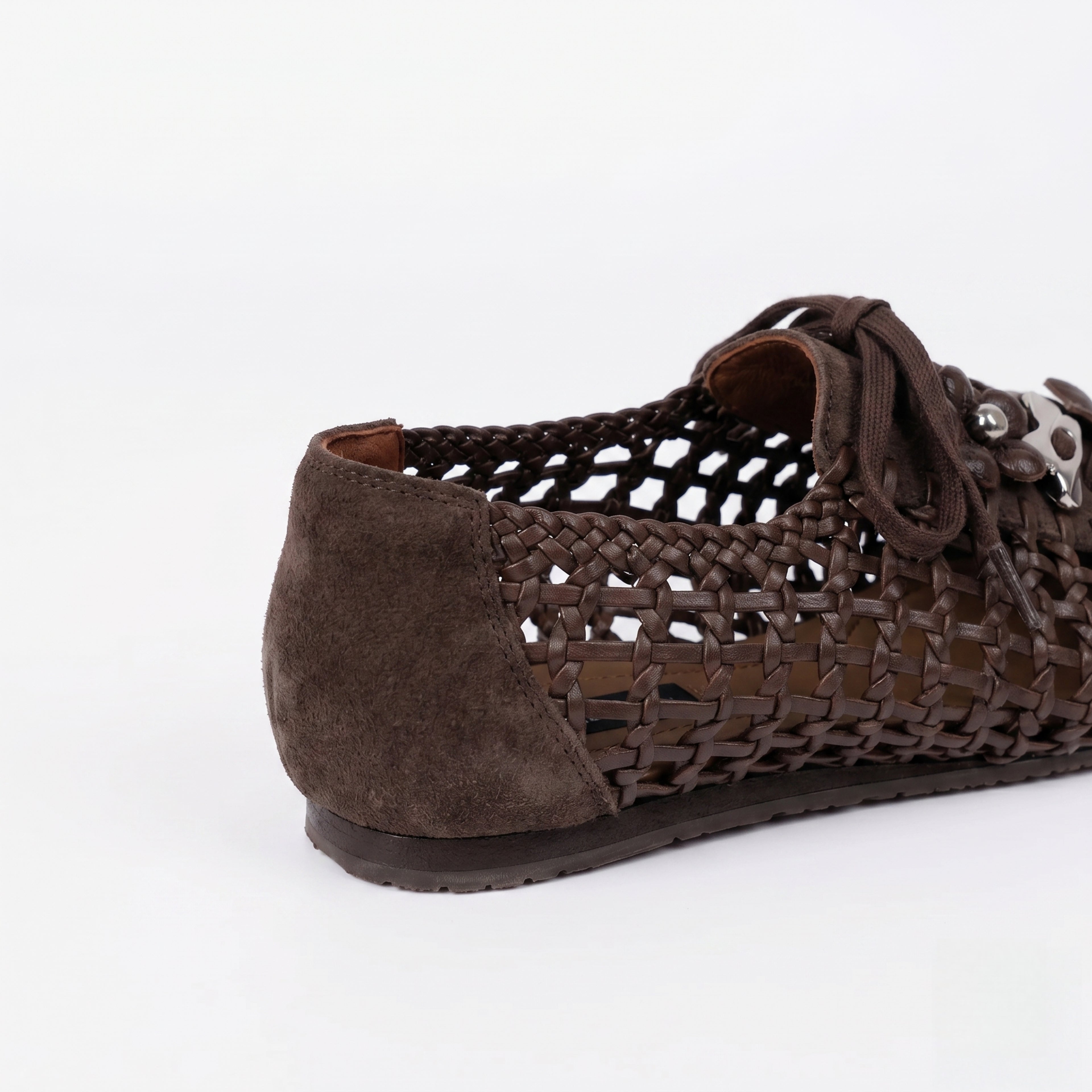 The Dual Stride Brown Open-Weave Suede Flats