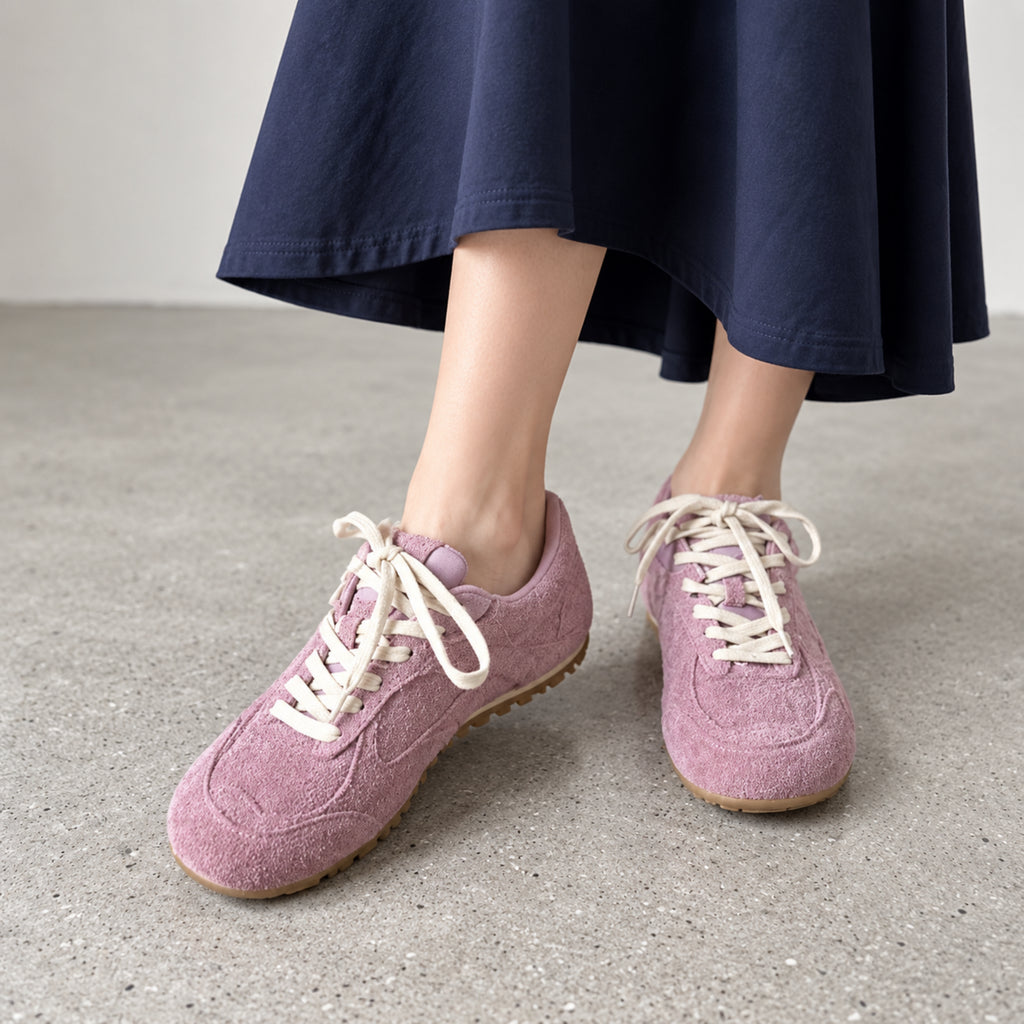 The Dual Stride Dusty Pink Suede Retro Low-Profile Sneakers
