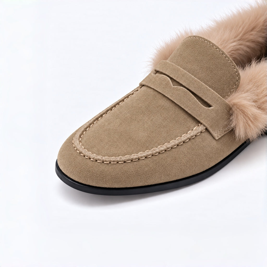 The Dual Stride Women's Khaki Suede Faux Fur Loafer Mules – Runs One Size Small