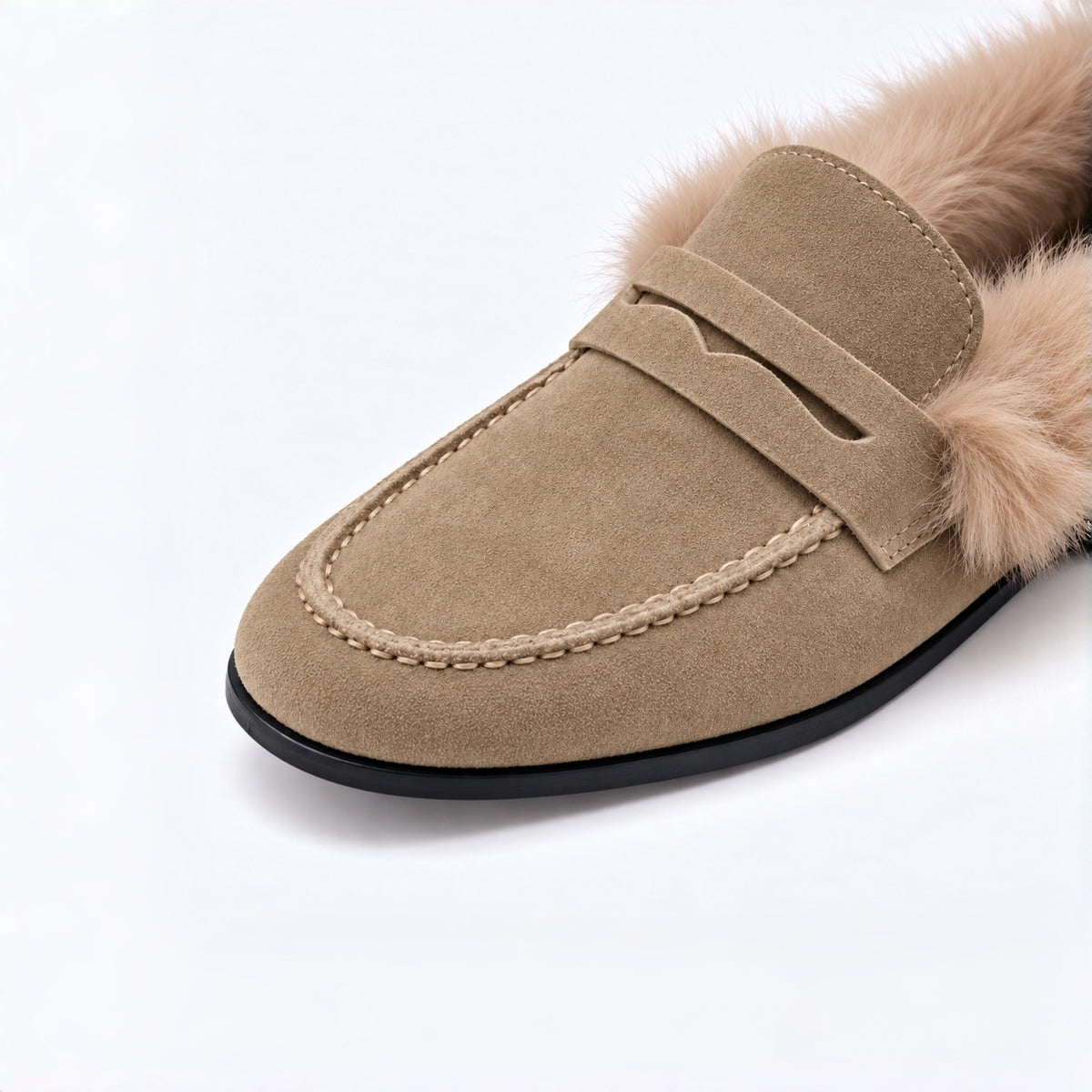 The Dual Stride Women's Khaki Suede Faux Fur Loafer Mules – Runs One Size Small