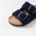 The Dual Stride Navy Curly Faux Fur Double Buckle Slide Sandals