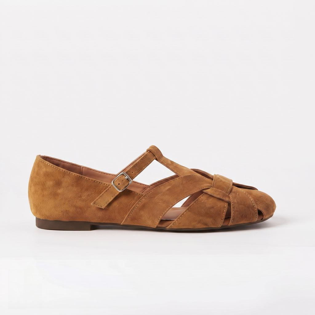The Dual Stride Brown Handcrafted Suede T-Strap Flats