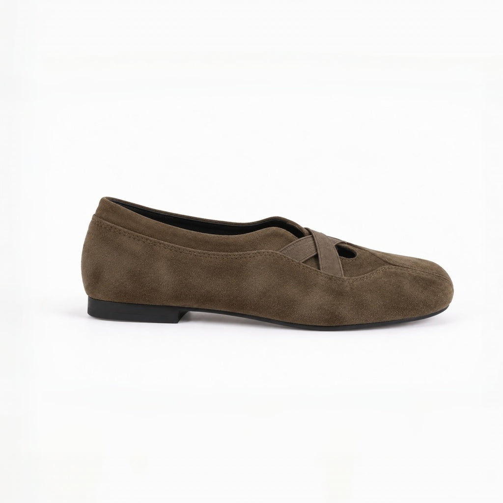 The Dual Stride Olive Brown Suede Cross-Strap Ballet Flats