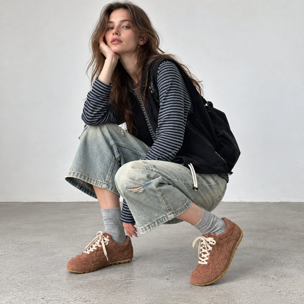 The Dual Stride Women's Brown Suede Retro Lace-Up Casual Sneakers