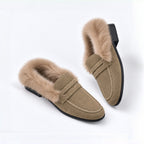 The Dual Stride Women's Khaki Suede Faux Fur Loafer Mules – Runs One Size Small
