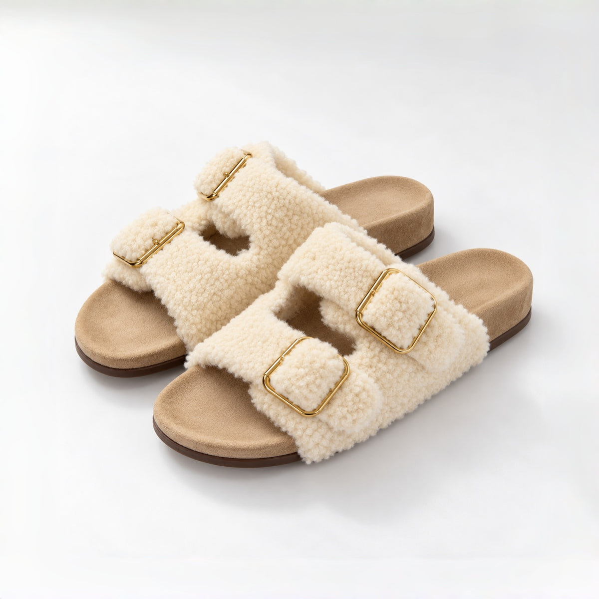 The Dual Stride Ivory Curly Faux Fur Double Buckle Slide Sandals