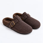 The Dual Stride Cozy Brown Fleece Buckle Mules