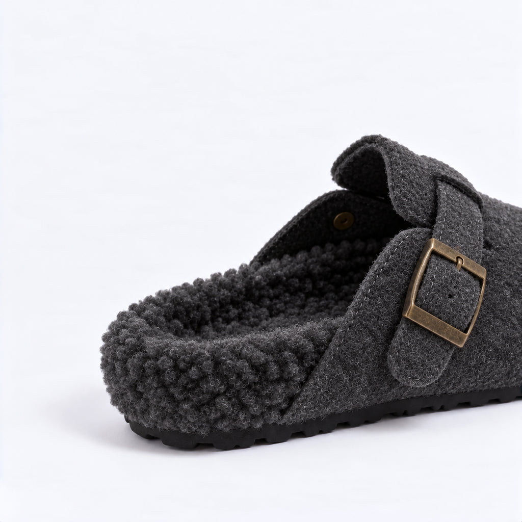 The Dual Stride Cozy Gray Fleece Buckle Mules