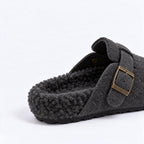 The Dual Stride Cozy Gray Fleece Buckle Mules
