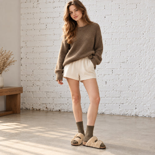 The Dual Stride Beige Curly Faux Fur Double Buckle Slide Sandals
