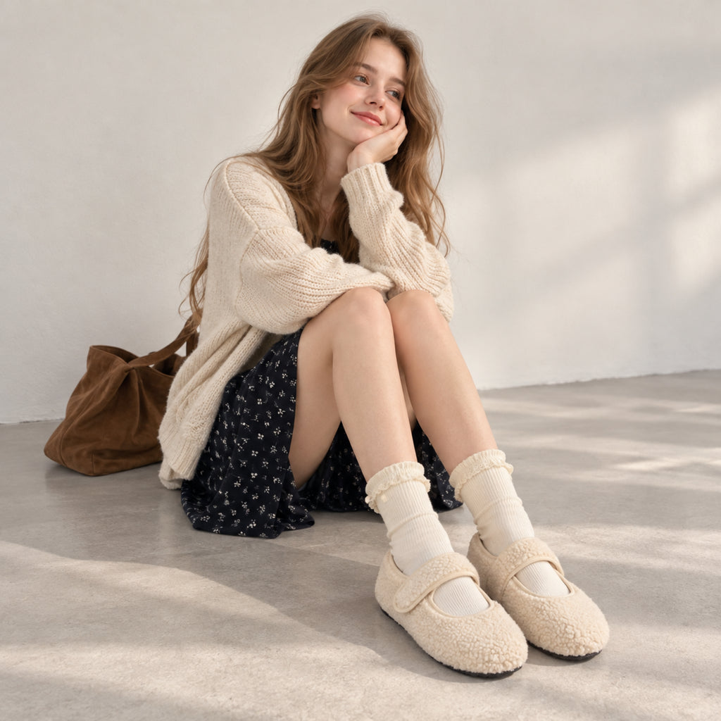The Dual Stride  White  Cozy Fleece Mary Jane Flats