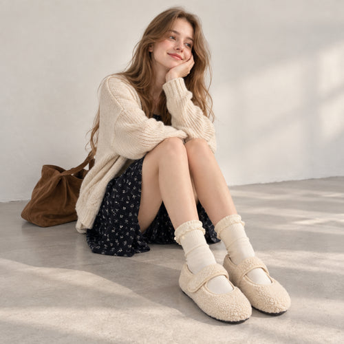 The Dual Stride  White  Cozy Fleece Mary Jane Flats