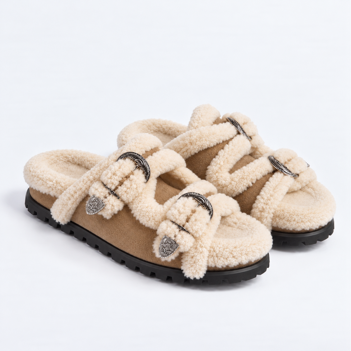 The Dual Stride Women's Brown Cozy Fleece Double Buckle Slides