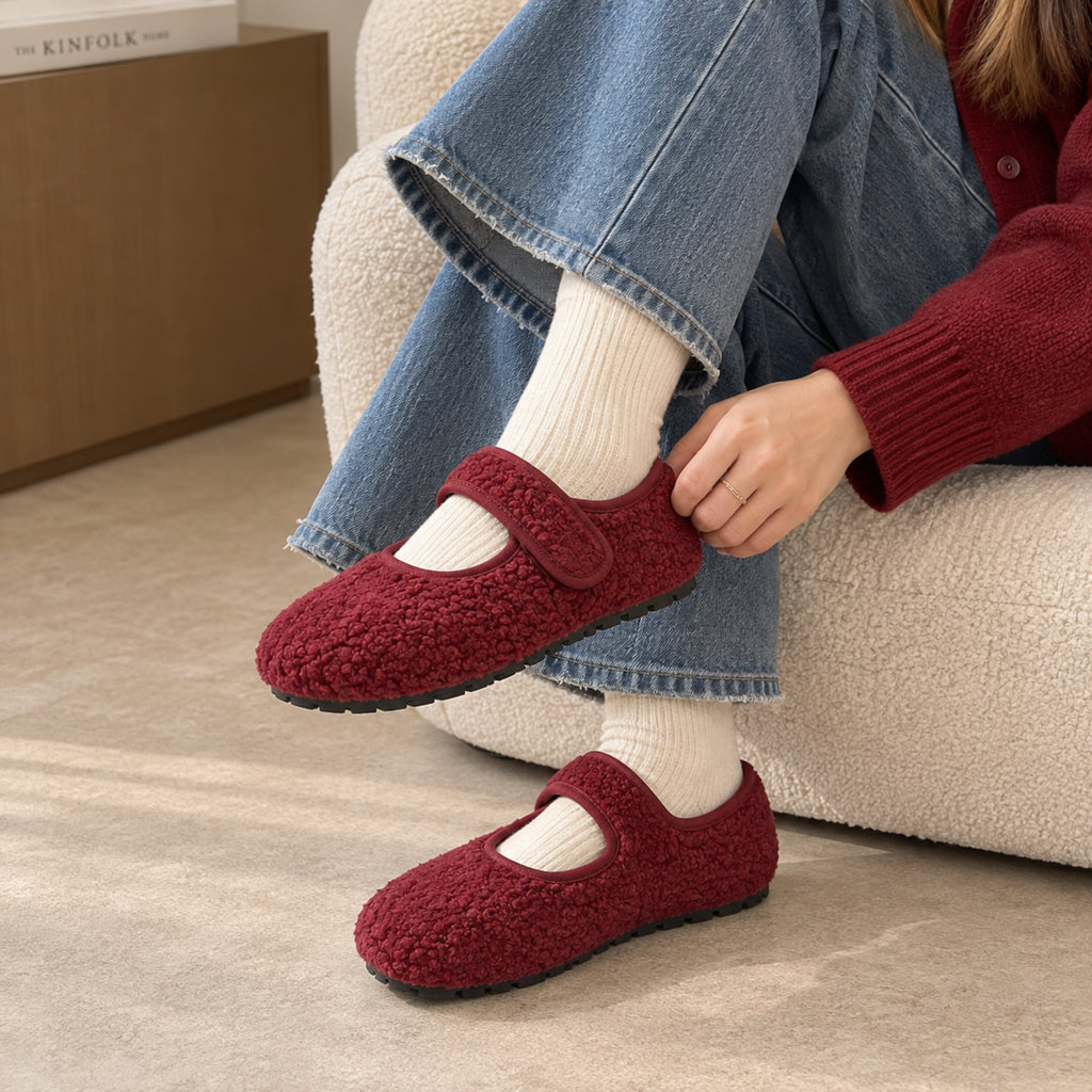 The Dual Stride  Red Cozy Fleece Mary Jane Flats