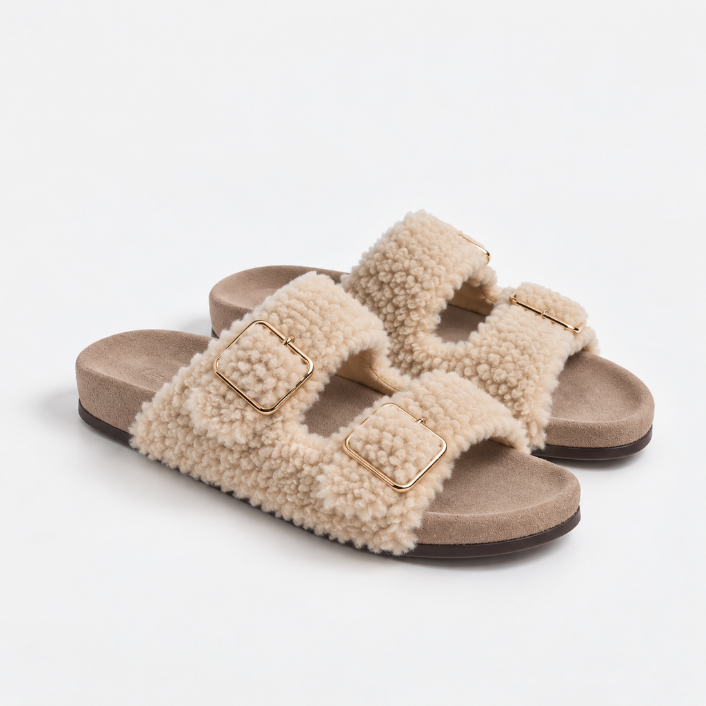 The Dual Stride Beige Curly Faux Fur Double Buckle Slide Sandals