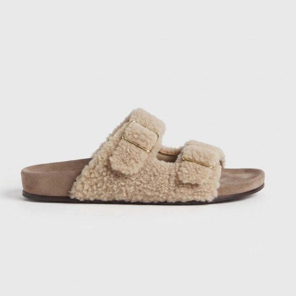 The Dual Stride Beige Curly Faux Fur Double Buckle Slide Sandals