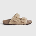 The Dual Stride Beige Curly Faux Fur Double Buckle Slide Sandals