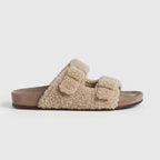 The Dual Stride Beige Curly Faux Fur Double Buckle Slide Sandals