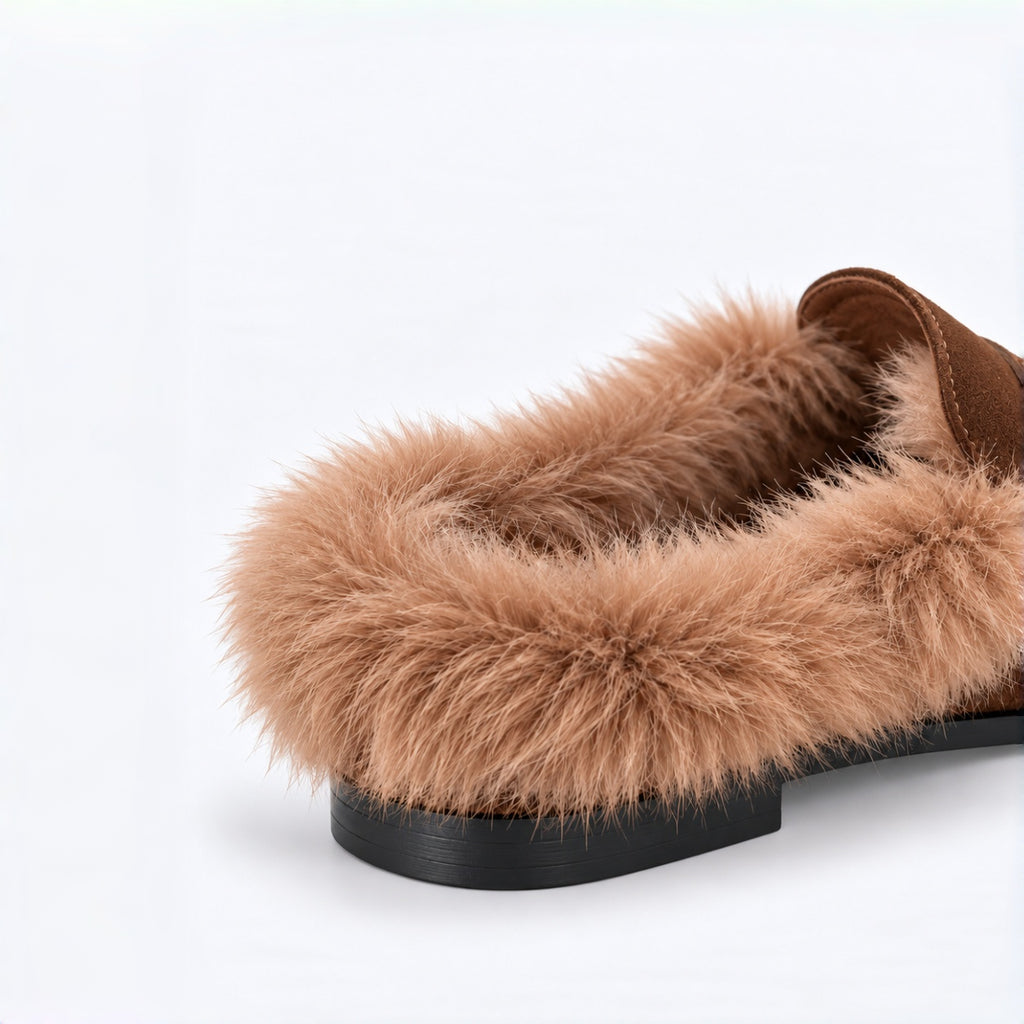 The Dual Stride Women's Brown Suede Faux Fur Loafer Mules – Runs One Size Small