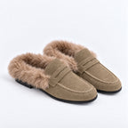 The Dual Stride Women's Khaki Suede Faux Fur Loafer Mules – Runs One Size Small