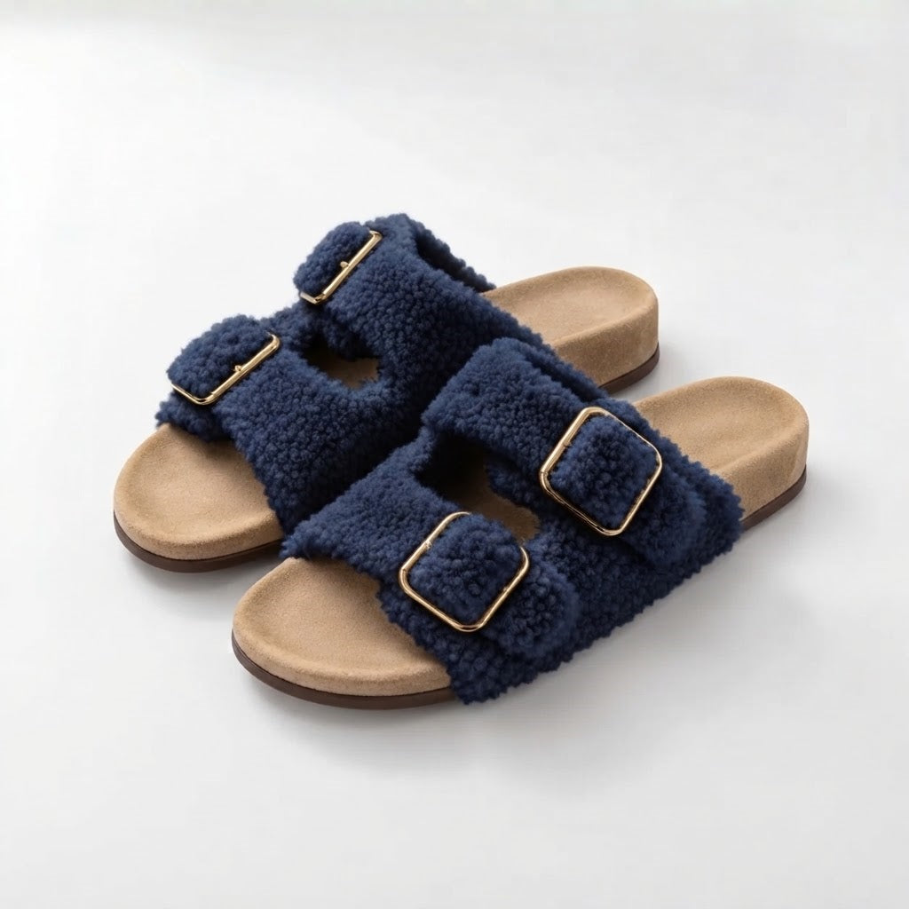 The Dual Stride Navy Curly Faux Fur Double Buckle Slide Sandals