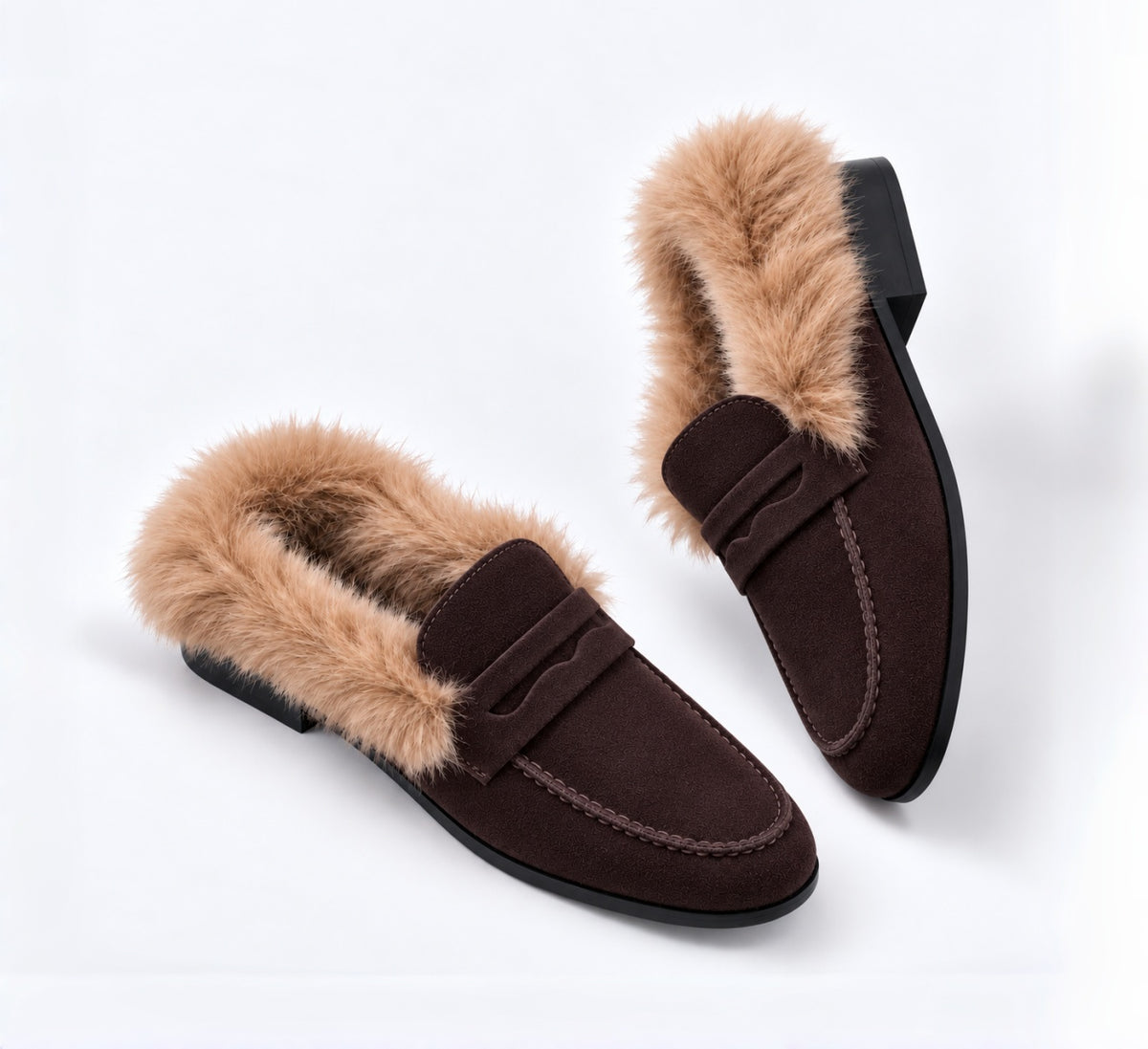 The Dual Stride Women's Dark Brown Suede Faux Fur Loafer Mules – Runs One Size Small