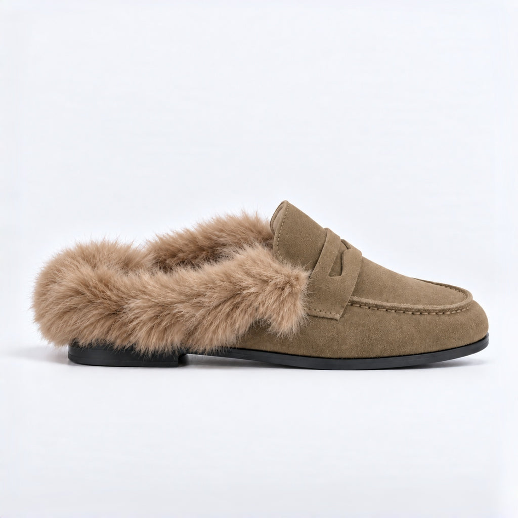 The Dual Stride Women's Khaki Suede Faux Fur Loafer Mules – Runs One Size Small