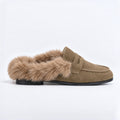 The Dual Stride Women's Khaki Suede Faux Fur Loafer Mules – Runs One Size Small