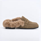 The Dual Stride Women's Khaki Suede Faux Fur Loafer Mules – Runs One Size Small