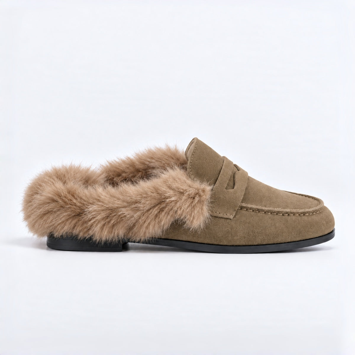 The Dual Stride Women's Khaki Suede Faux Fur Loafer Mules – Runs One Size Small